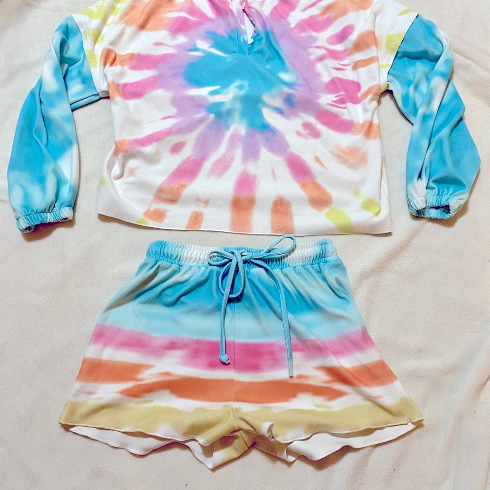 Tie dye pattern two piece shorts sleeper set! Super soft and comfy